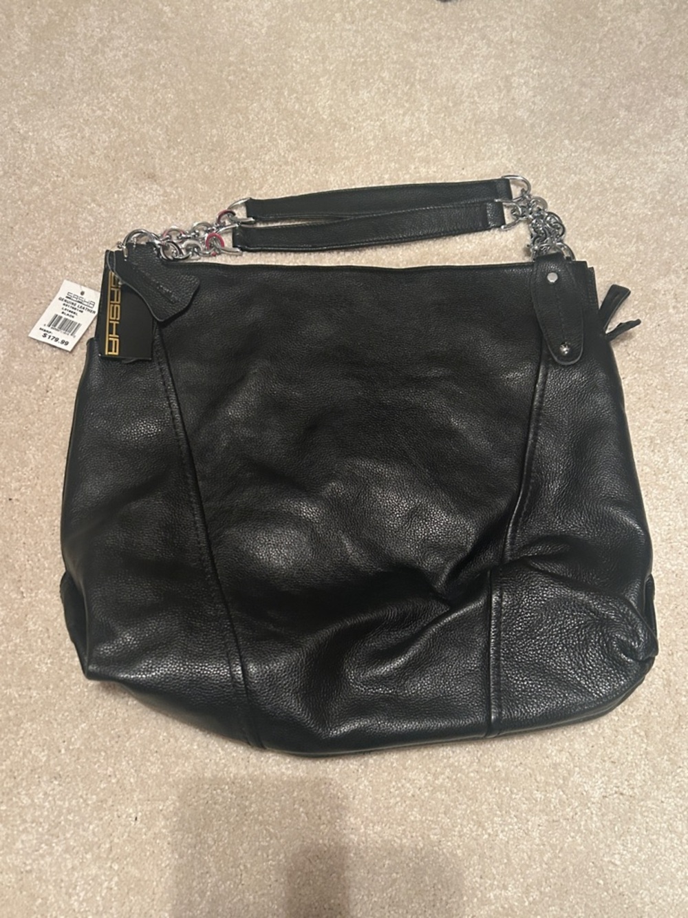 Black Leather Shoulder Hobo with Chain-Accent Strap